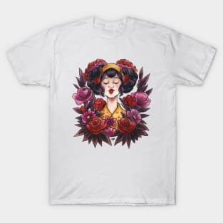 Red Purple Geisha Japanese Art Deco Watercolour T-Shirt